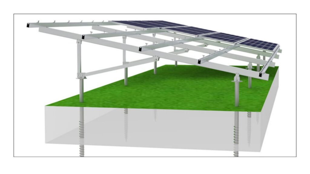 A solar panel on a grassy rooftop, being installed with ground screw for efficient energy generation.