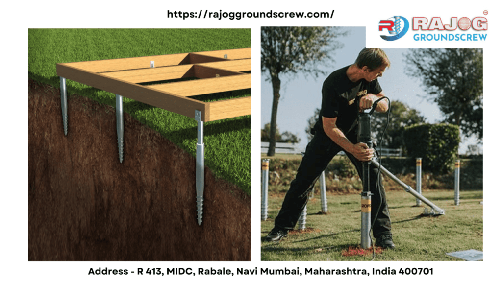 Ground screw used to construct a deck, fastening it securely into the ground with a ground screw for decking.