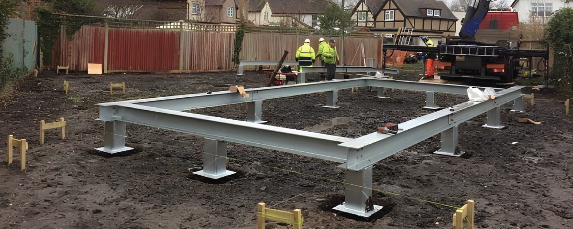 Image of steel frame construction for new house on screw pile foundation.